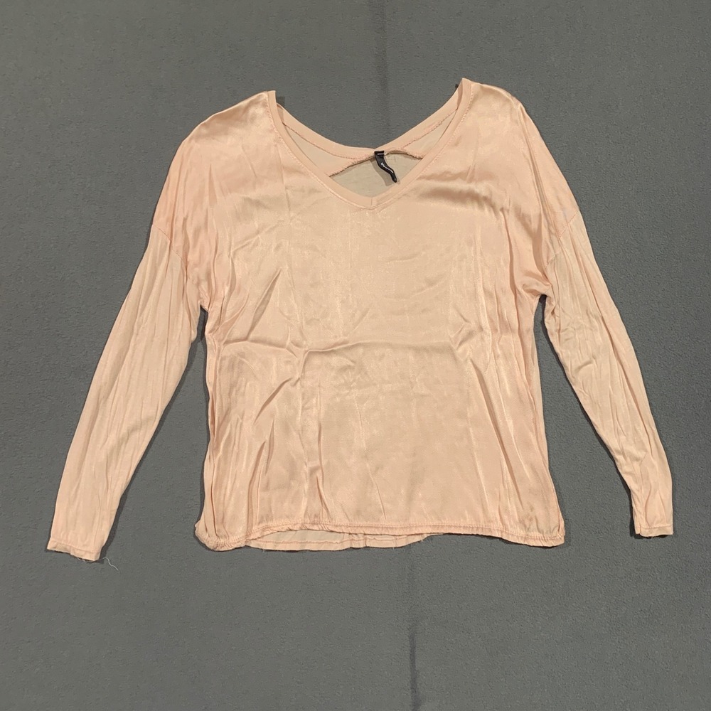 Venti6 Long Sleeve Satin V Neck Top Women's Size L Light Pink Blouse Feminine